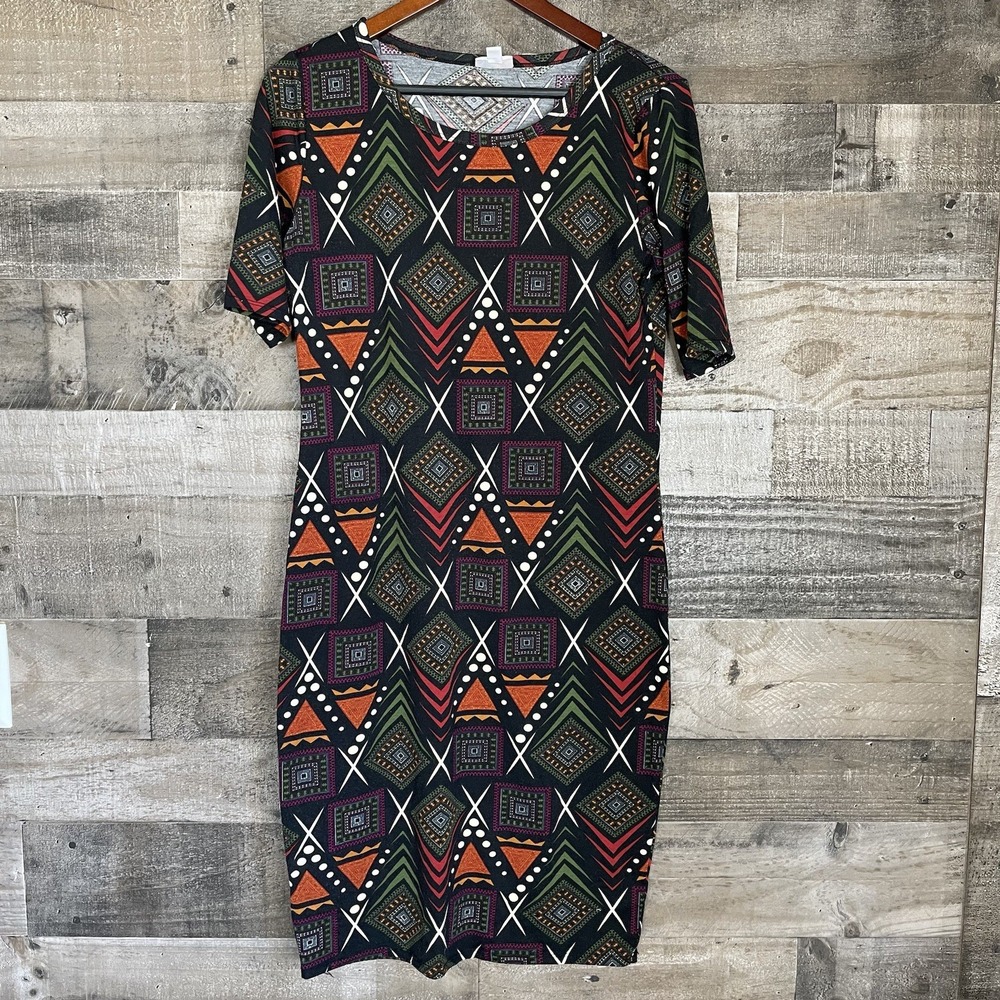 LuLaRoe Women's Dress Size M Black Tribal Print Stretchy Short Sleeve Casual